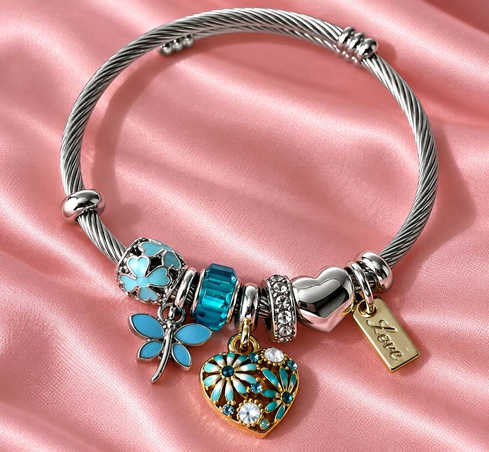 Blue Butterfly Floral Heart Love Bracelet – Silver & Turquoise Charm Bangle